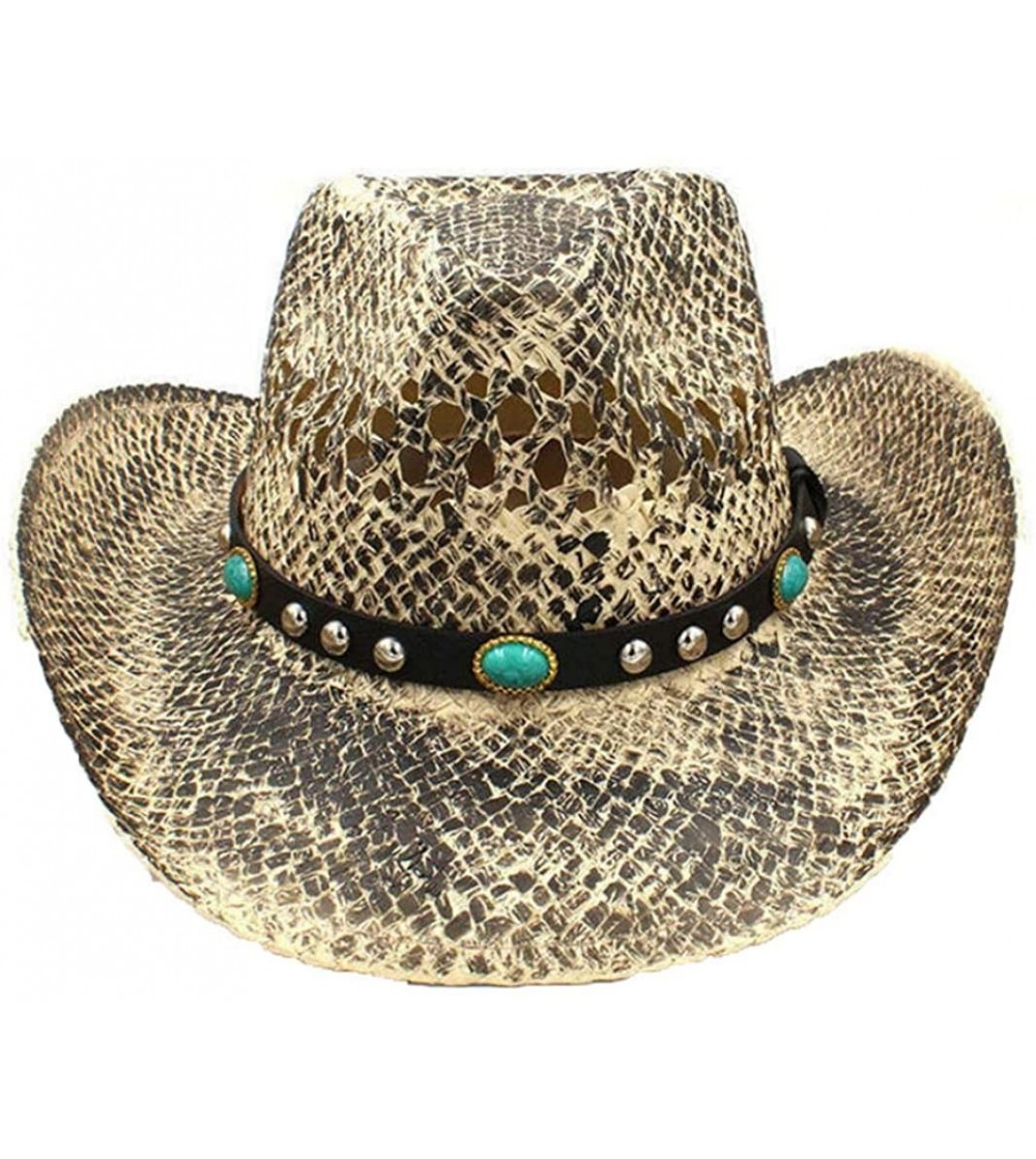 Cowboy Hats Woven Straw Western Cowboy Hat Vintage Wide Brim Outback Sun Hat with Leather Belt - C3 Cai - CF18S5A2TGY