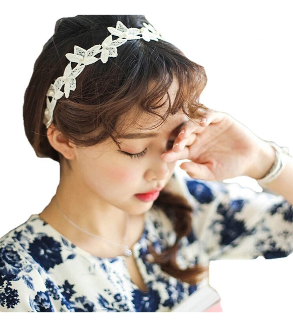 Headbands Women Bridal Lace Flower Pearl Elastic Headband Hair Band Chain - CI11QT10BEV