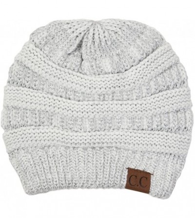 Skullies & Beanies Solid Ribbed Beanie Slouchy Soft Stretch Cable Knit Warm Skull Cap - Ivory - Metallic Silver - CP12ELAWNTV