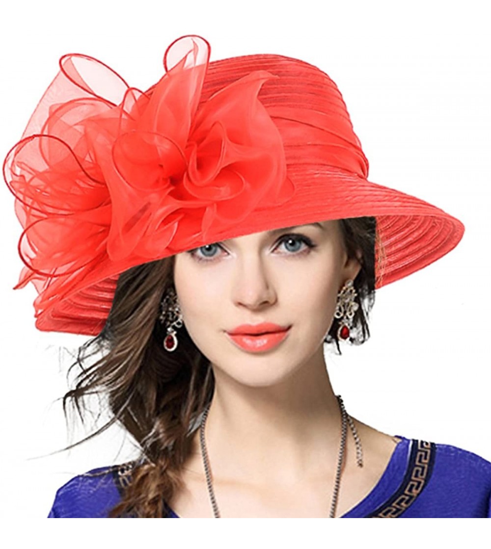 Bucket Hats Lady Derby Dress Church Cloche Hat Bow Bucket Wedding Bowler Hats - Red - CH12N5P0BLJ