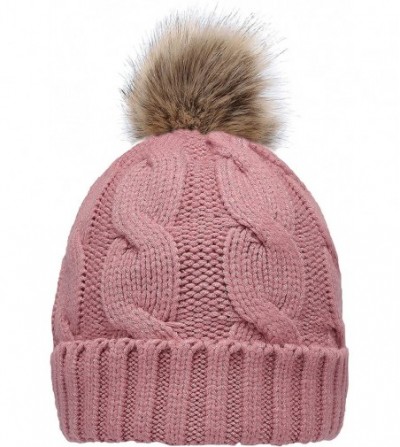 Skullies & Beanies Women's Winter Ribbed Knit Faux Fur Pompoms Chunky Lined Beanie Hats - A Twist Pink - CF184RQLAKE