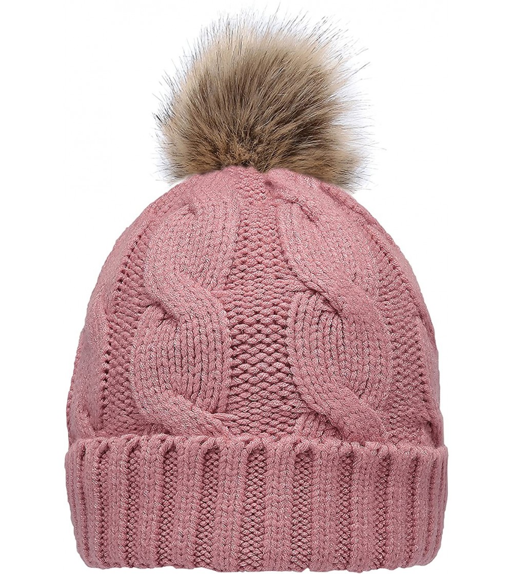 Skullies & Beanies Women's Winter Ribbed Knit Faux Fur Pompoms Chunky Lined Beanie Hats - A Twist Pink - CF184RQLAKE