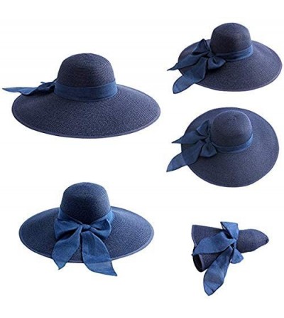 Sun Hats Women' s Summer Pure Sunshade Straw Cap Floppy Big Bow Knot Beach Sun Hat 002 - Navy - CC18SQ74HAQ