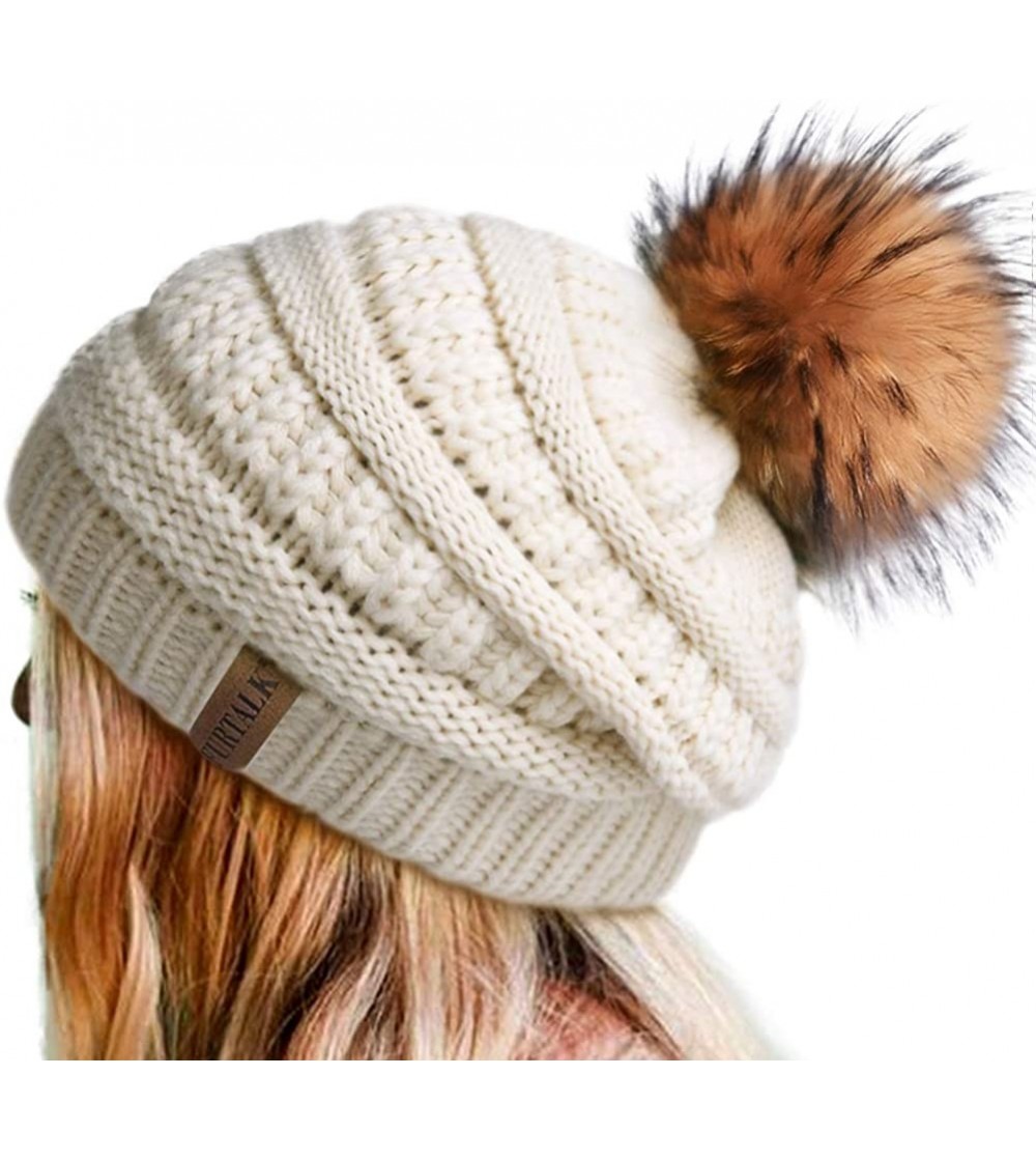 Skullies & Beanies Winter Hats Beanie for Women Lined Slouchy Knit Skiing Cap Real Fur Pom Pom Hat for Girls - C512LWBQ9CF