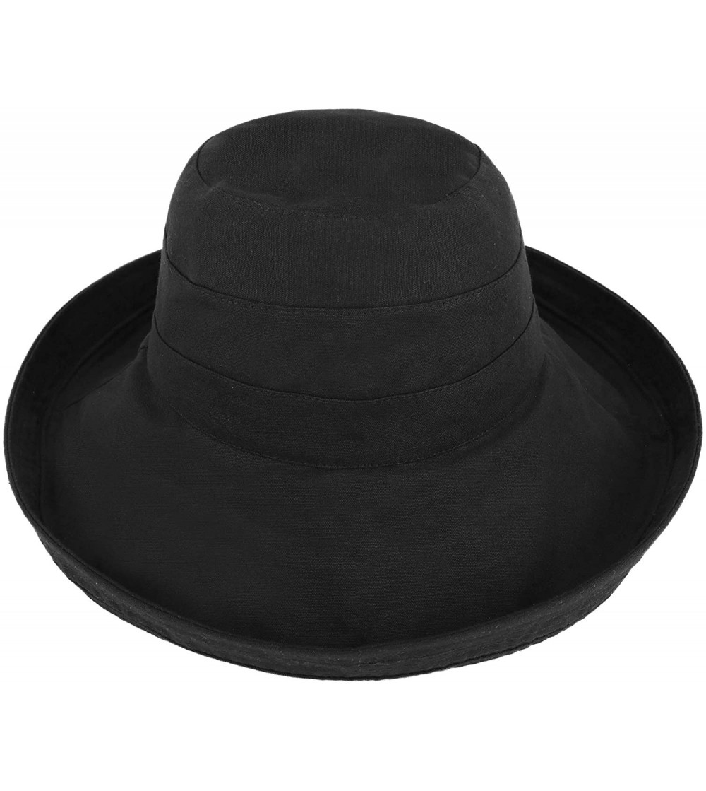 Sun Hats Women's Cotton Summer Beach Sun Hat with Wide Fold-Up Brim - Black - C6127H1W6UD