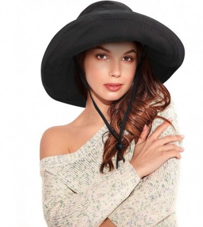 Sun Hats Women's Cotton Summer Beach Sun Hat with Wide Fold-Up Brim - Black - C6127H1W6UD