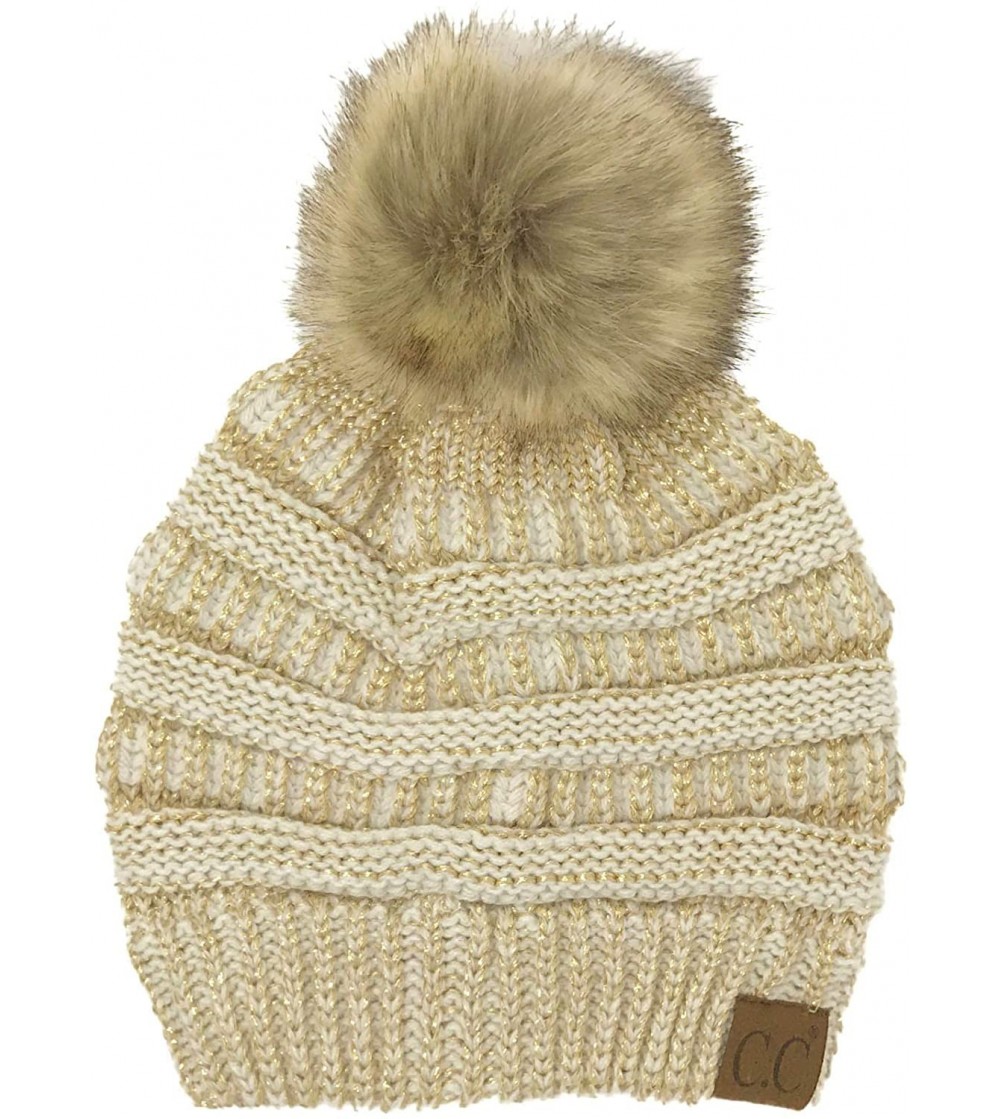 Skullies & Beanies Fur Pom Winter Fall Trendy Chunky Stretchy Cable Knit Beanie Hat - Metallic Ivory/Gold - CV18YAGIL4D