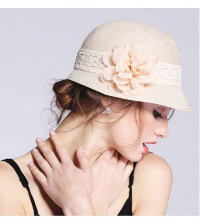 Sun Hats Women's Gatsby Linen Cloche Hat With Lace Band and Flower - Natural - CV12ER399E5