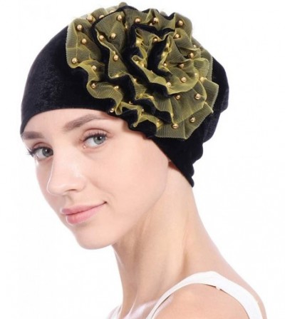 Skullies & Beanies Women Velvet Beading Flower Hat Cancer Chemo Beanie Cap - Black - CC18HWI553M