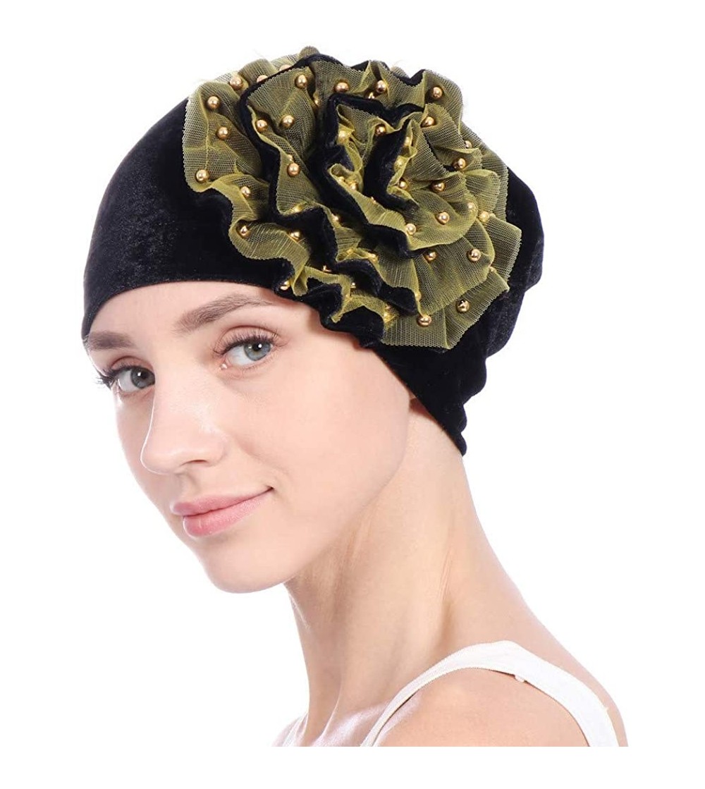 Skullies & Beanies Women Velvet Beading Flower Hat Cancer Chemo Beanie Cap - Black - CC18HWI553M