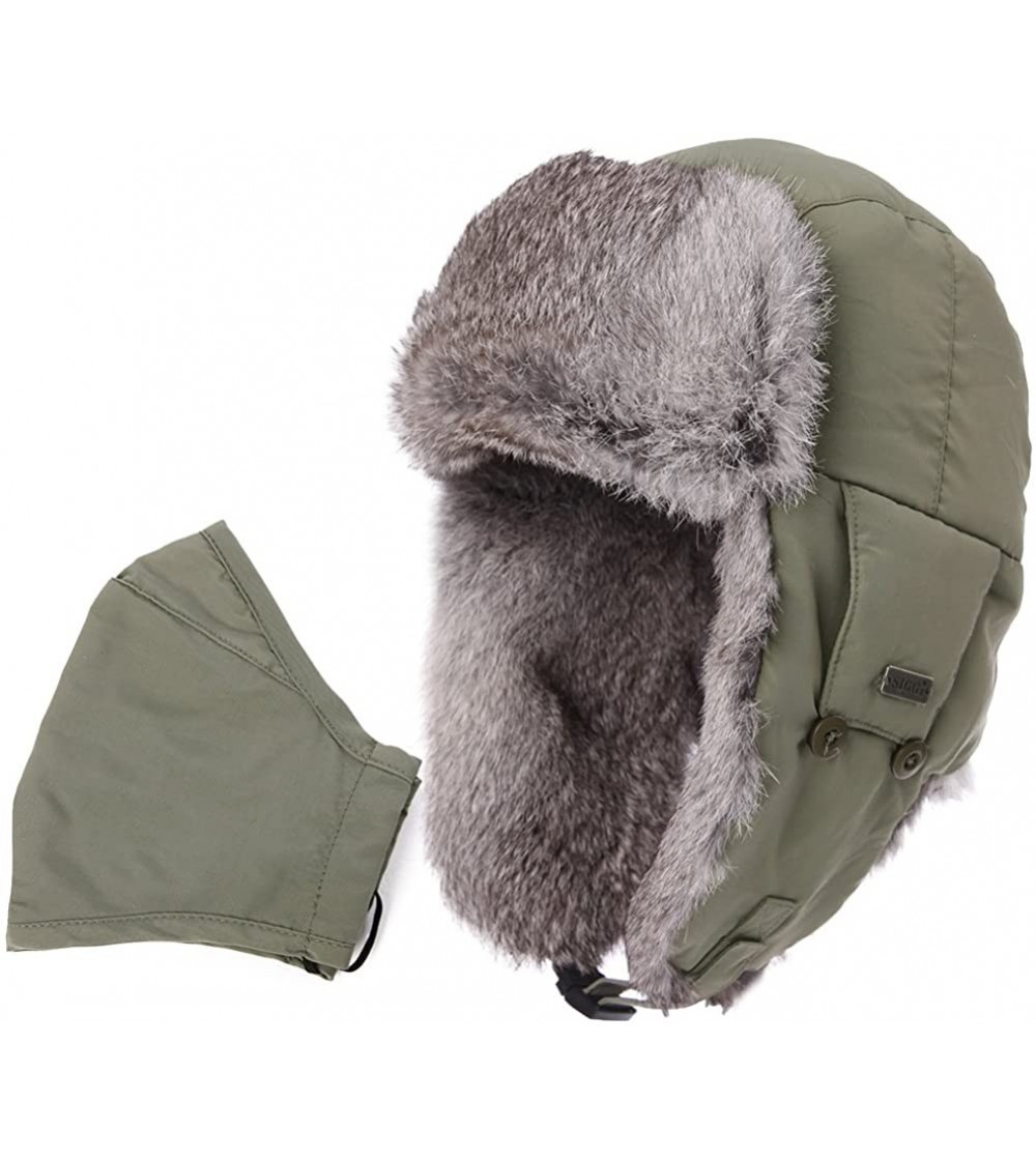 Bomber Hats Unisex 100% Rabbit Fur Bomber Trapper Mask Earflap Ushanka Russian Winter Hat 55-61cm - 69185-army Green - C618KN...