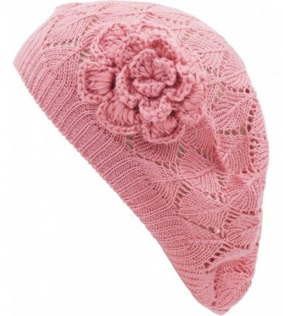 Berets Womens Crochet Flower Beanie Hats Lightweight Cutout Knit Beret Fashion Cap - Peach Diamond Stripe - CG12LCQ5V1P