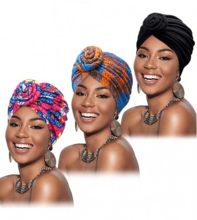 Skullies & Beanies 3 Pieces Women African Turban Pre-Tied Knot Headwrap Beanie Bonnet Cap Hair Loss Hat - CK18AZXOSUC