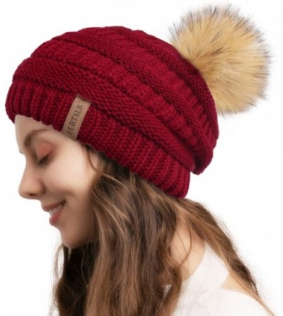 Skullies & Beanies Winter Slouchy Beanie Hats Women Fleece Lined Warm Ski Knitted Pom Pom Hat - 07-wine Red - CA18UNA4KX7