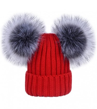 Skullies & Beanies Women's Winter Ribbed Knitted Beanie Hat with Double Faux Fur Pom Pom - Red - CY1897LKI2N