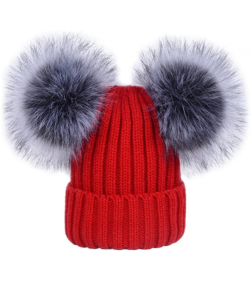 Skullies & Beanies Women's Winter Ribbed Knitted Beanie Hat with Double Faux Fur Pom Pom - Red - CY1897LKI2N