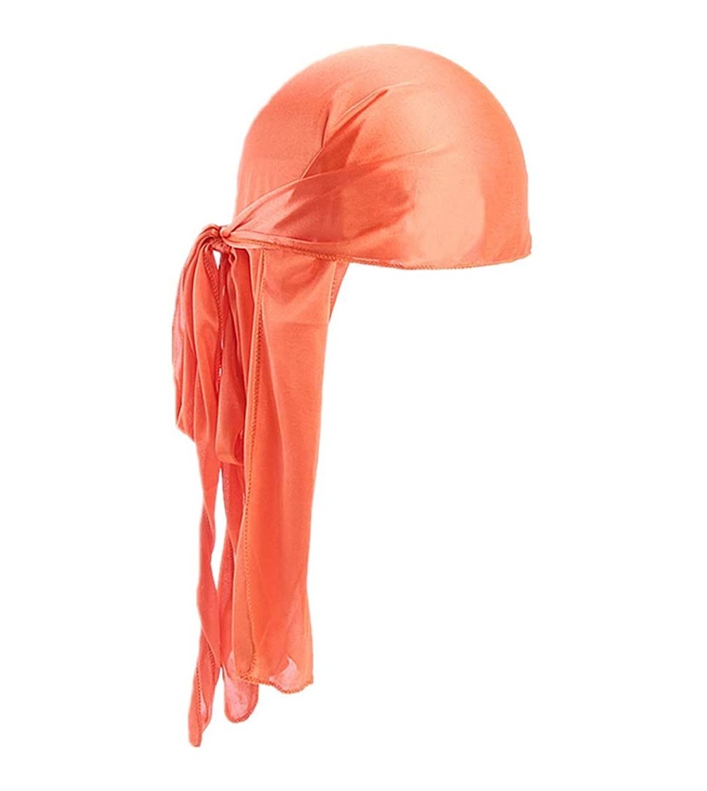 Skullies & Beanies Men Women Durag Extra Long-Tail Headwraps Silky Satin Pirate Cap Bandana Hat for 360 Waves - Orange - CT18...