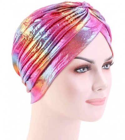 Skullies & Beanies Glitter Laser Flower Turban Colourful Beanie Cap Stretchy Hair Wrap for Women - Rose Red-a - C518XMDXERC