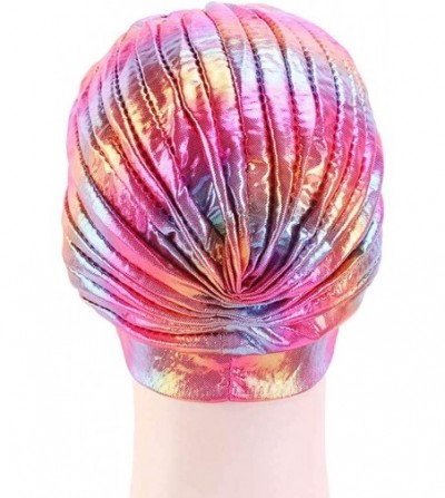 Skullies & Beanies Glitter Laser Flower Turban Colourful Beanie Cap Stretchy Hair Wrap for Women - Rose Red-a - C518XMDXERC
