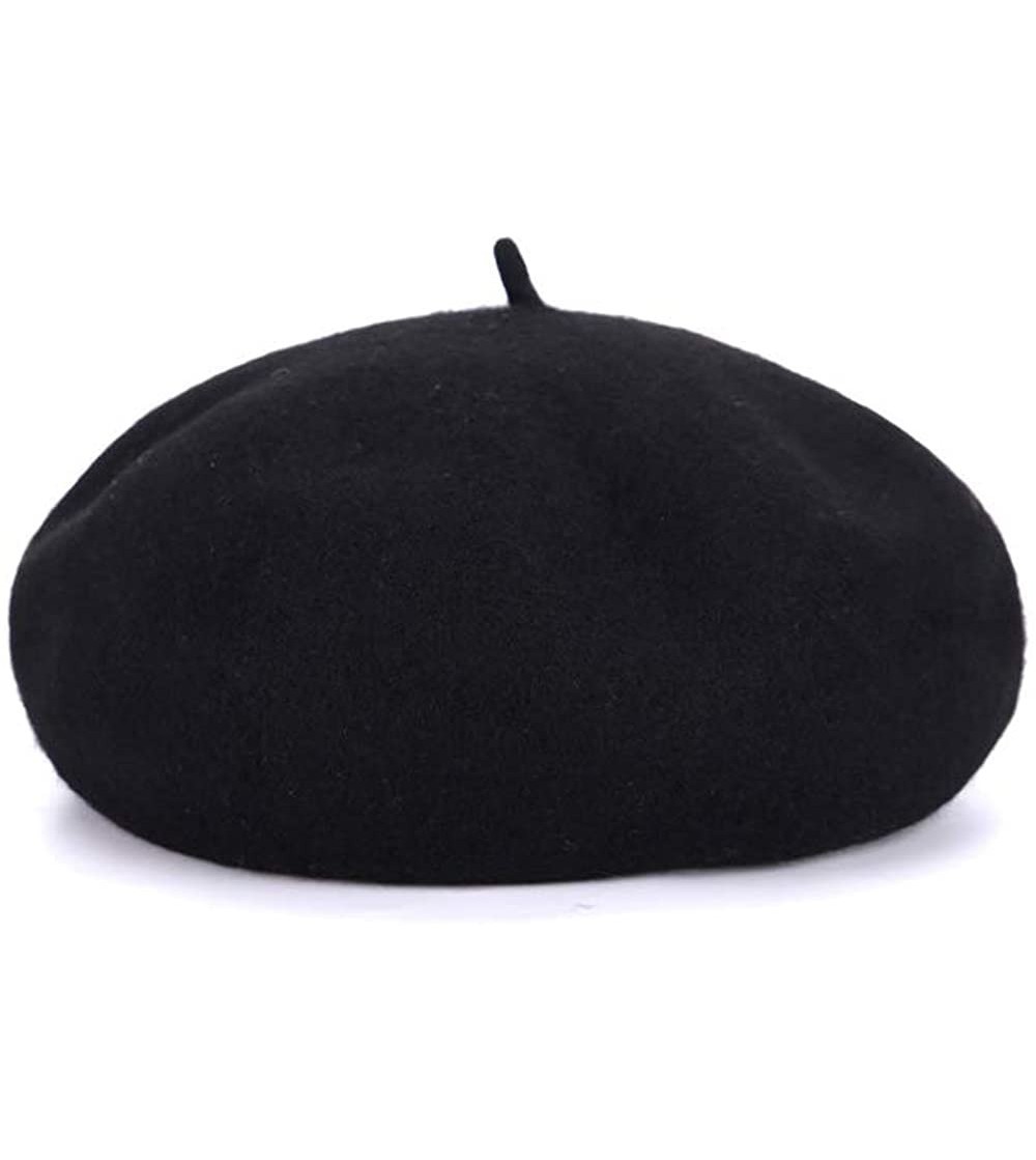 Berets Women Girl 1 Pcs Solid Color Wool Beret Beanie Hat Cap - Black - C1187N0DYGM