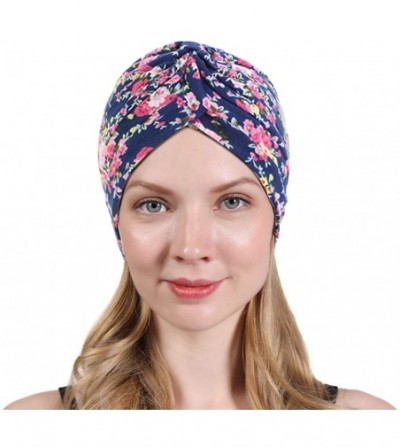Skullies & Beanies New Women's Cotton Turban Flower Prints Beanie Head Wrap Chemo Cap Hair Loss Hat Sleep Cap - Navy Flower -...