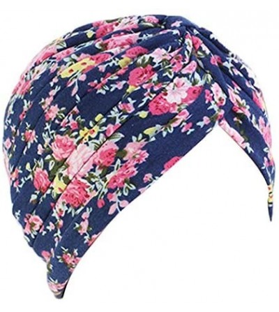Skullies & Beanies New Women's Cotton Turban Flower Prints Beanie Head Wrap Chemo Cap Hair Loss Hat Sleep Cap - Navy Flower -...