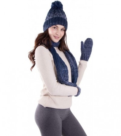 Skullies & Beanies Adult Women's 3 Piece Winter Set - Pompom Beanie Hat- Scarf- Mittens - Navy /Grey Gloves No Lined - CK18HA...