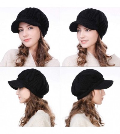 Newsboy Caps Wool Knitted Visor Beanie Winter Hat for Women Newsboy Cap Warm Soft Lined - 10120_black / Cotton Lined - CB12NR...