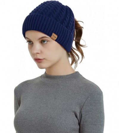 Skullies & Beanies Womens Ponytail Messy Bun Beanie Winter Warm Stretchy Cable Knit Cuffed Beanie Hat Cap - Dark Blue - CL18Z...