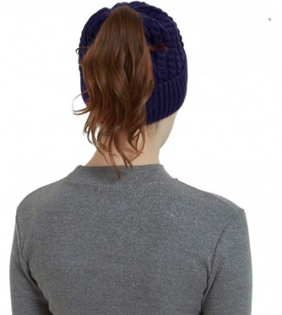 Skullies & Beanies Womens Ponytail Messy Bun Beanie Winter Warm Stretchy Cable Knit Cuffed Beanie Hat Cap - Dark Blue - CL18Z...
