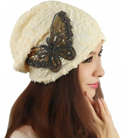 Skullies & Beanies Women's Winter Hat Lace Butterfly Decorate Beanie Caps Lady Skullies Turban Cap - Beige - CP12LZVOPM3
