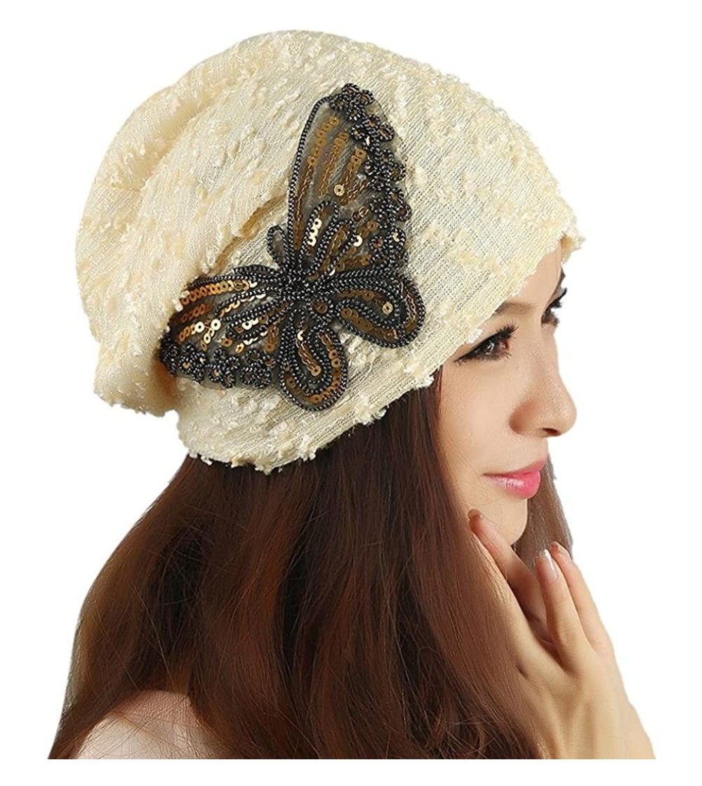 Skullies & Beanies Women's Winter Hat Lace Butterfly Decorate Beanie Caps Lady Skullies Turban Cap - Beige - CP12LZVOPM3