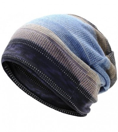Skullies & Beanies Mens Stripes Beanie Hat Plus Cashmere Warm Bonnet Hat Multi-function Scarf - Blue - CL187NOQU99