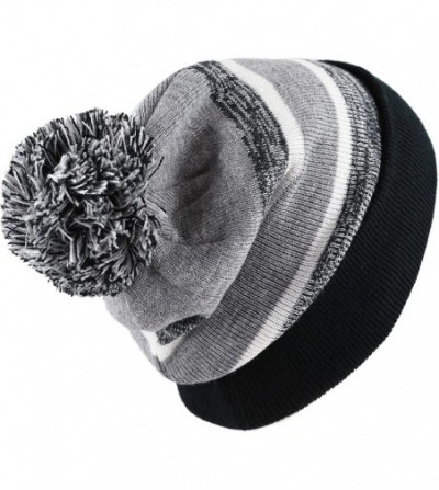 Skullies & Beanies Winter Soft Unisex Cuff Pom Pom Stripe Knit Beanie Skull Slouch Hat - Black/Grey-2 - C0186SE85WT