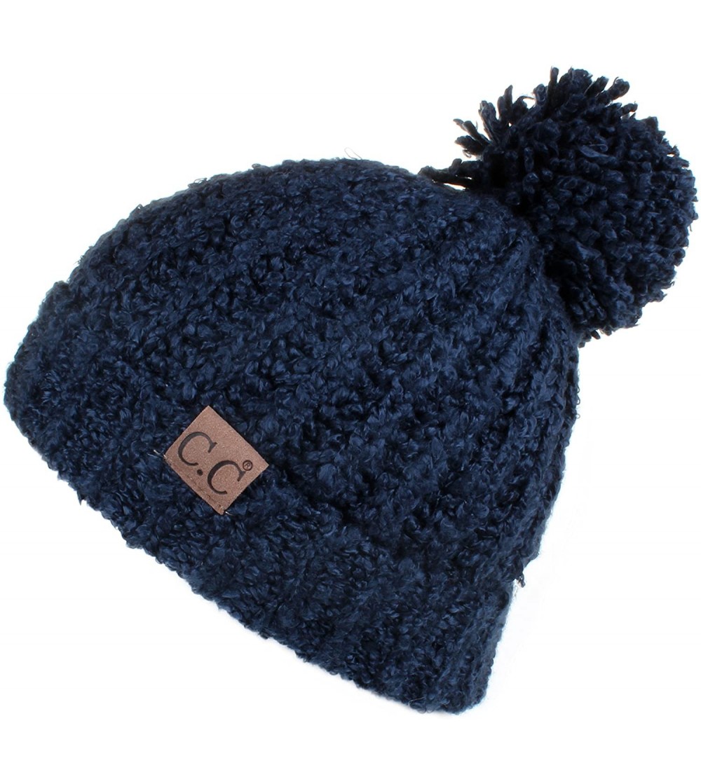 Skullies & Beanies Winter Hat Cable Knitted Large Soft Pom Pom Beanie Hat (HAT-7362) - Navy - C8189LLZXD4