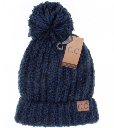 Skullies & Beanies Winter Hat Cable Knitted Large Soft Pom Pom Beanie Hat (HAT-7362) - Navy - C8189LLZXD4