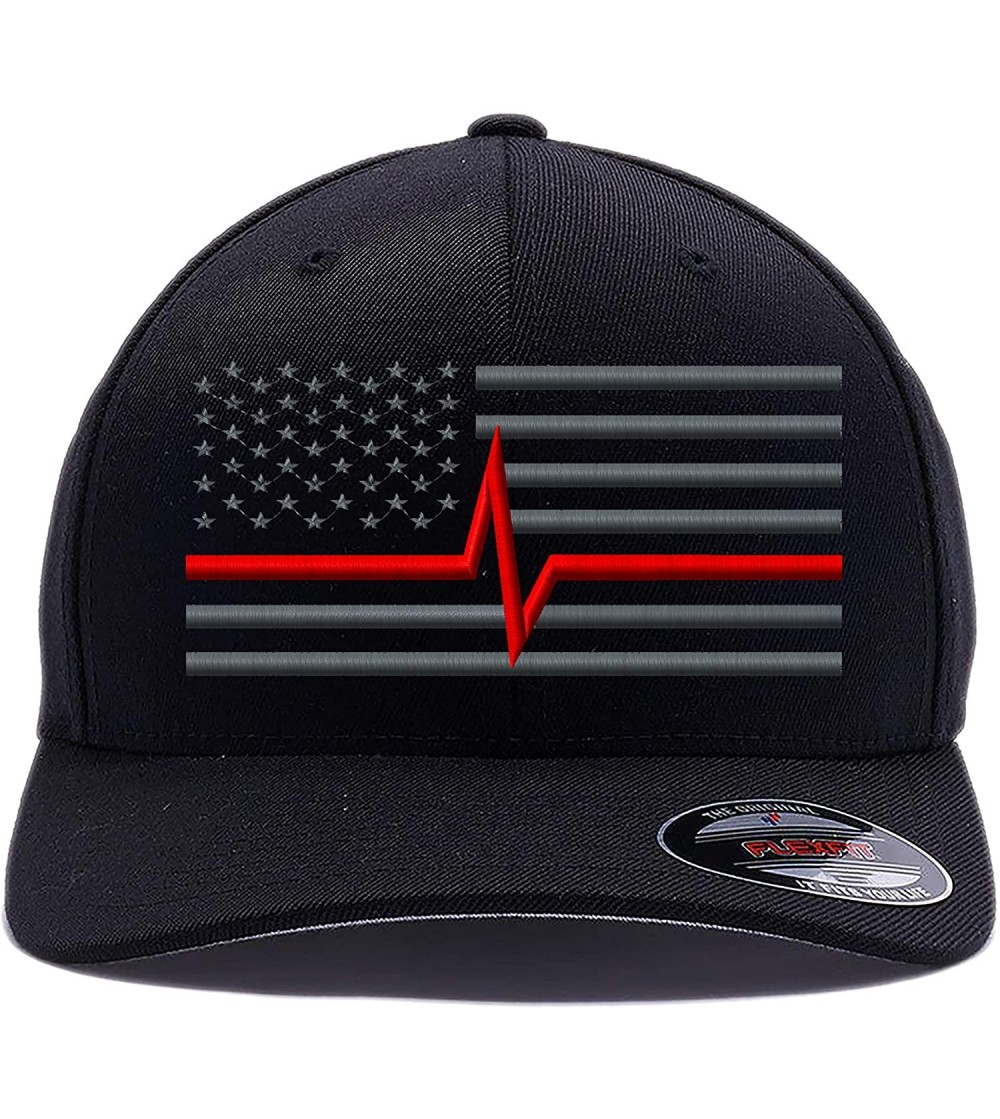 Baseball Caps Thin Red Life Line USA Flag. Embroidered. 6477 and 6277 Flexfit Wooly Combed Twill Flexfit Cap - Black - CB18LG...