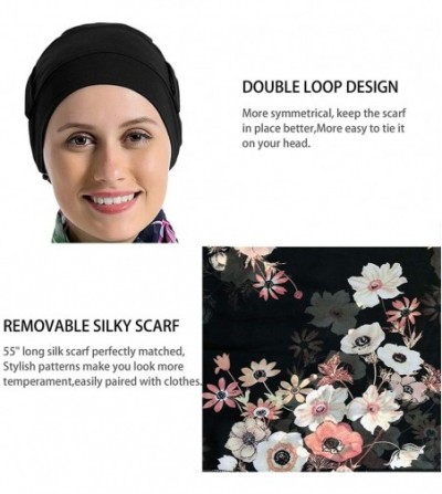 Skullies & Beanies Bamboo Cotton Liner Chemo Headwear for Womenwith Silky Scarfs for Cancer Hair Loss Sleep Caps Beanie - Bla...