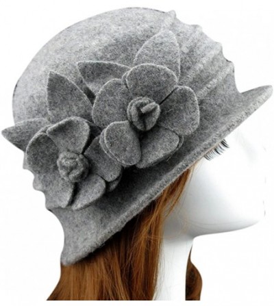 Skullies & Beanies Women 100% Wool Felt Round Top Cloche Hat Fedoras Trilby with Bow Flower - A5 Light Grey - CT188A4IQ5U