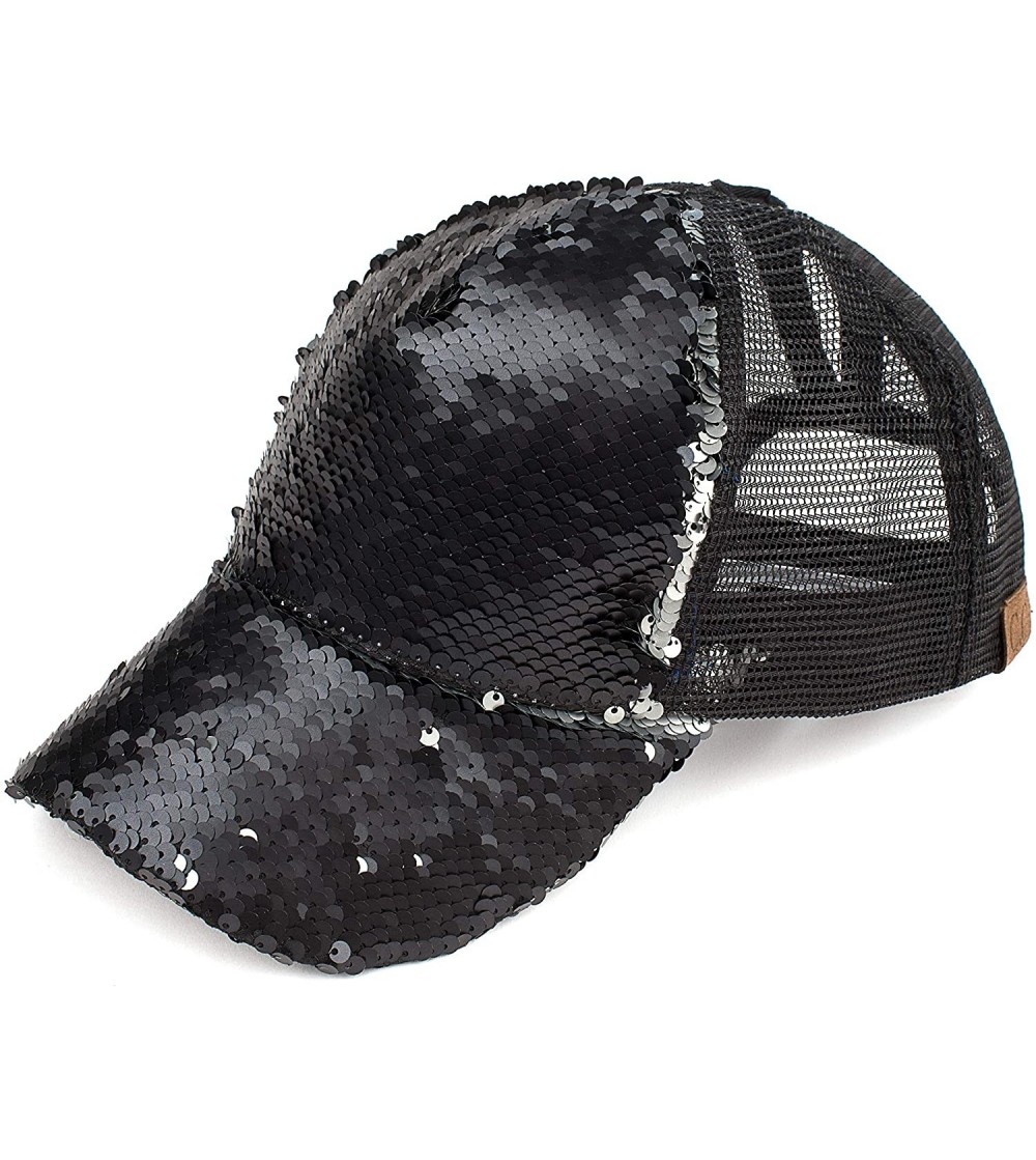 Baseball Caps Hats Magic Sequin-Covered Pony Tail Trucker Cap (BT-723) - Matt Black - CU18QZ69EDY