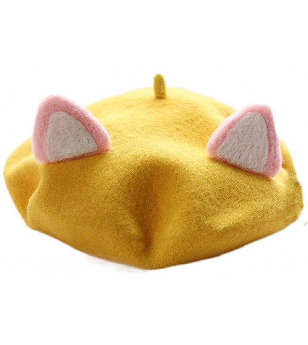 Berets Women's Cute Lolita Cat Beret Cap Painter Hat Sweet Students - Yellow - C9188AON668