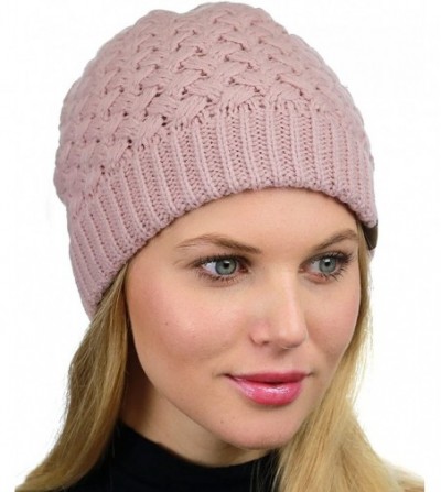 Skullies & Beanies Basketweave Knit Warm Inner Lined Soft Stretch Skully Beanie Hat - Rose - CA186YU4ESZ