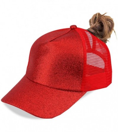 Baseball Caps NeuFashion Ponycap Messy High Bun Ponytail Adjustable Mesh Trucker Baseball Cap Hat for Women - Red-glitter - C...