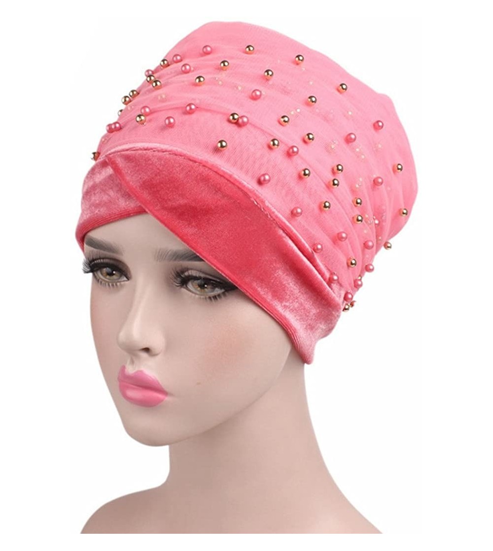 Skullies & Beanies Womens Removable Bowknot Hijab Turban Dual Purpose Cap - Pink1 - CG18DI3ENT9