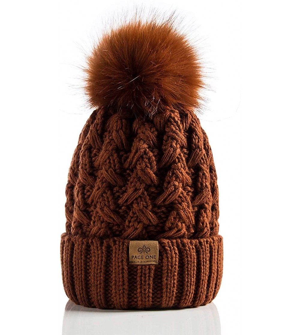 Skullies & Beanies Womens Winter Ribbed Beanie Crossed Cap Chunky Cable Knit Pompom Soft Warm Hat - Brown - CW18WM2MQ3M