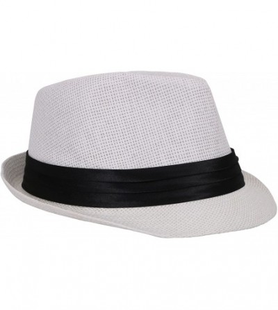 Visors Beach Straw Fedora Hat w/Solid Hat Band for Men & Women - White - CZ17XHSTR73