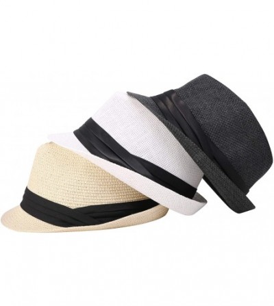 Visors Beach Straw Fedora Hat w/Solid Hat Band for Men & Women - White - CZ17XHSTR73