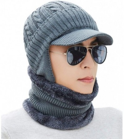 Skullies & Beanies Mens Women Knit Visor Winter Beanie Hat & Fleece Scarf Sets Face Neck Cover & Ear Flap - 6w29-grey - CK18K...