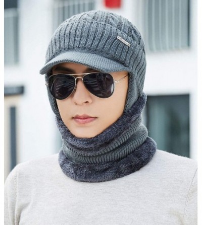 Skullies & Beanies Mens Women Knit Visor Winter Beanie Hat & Fleece Scarf Sets Face Neck Cover & Ear Flap - 6w29-grey - CK18K...