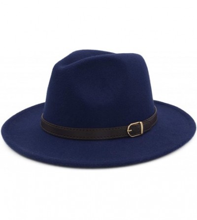 Fedoras Classic Wide Brim Women Men Fedora Hat with Belt Buckle Felt Panama Hat - E Navy Blue - CF18A88Q5CN